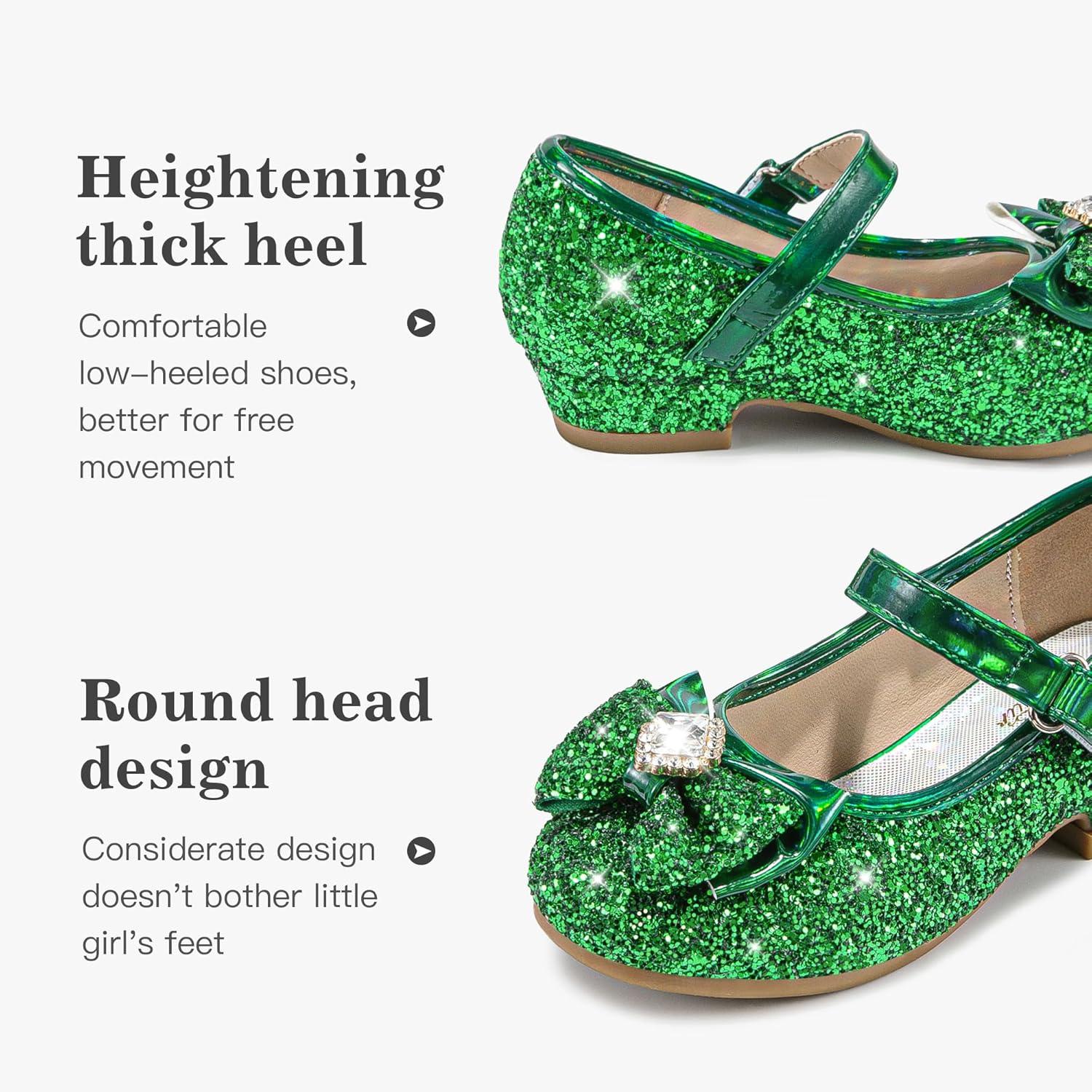 image:imageFurdeour Girls Dress Shoes Mary Jane Wedding Flower Bridesmaids Heels Glitter Princess Shoes for Kids ToddlerGreen