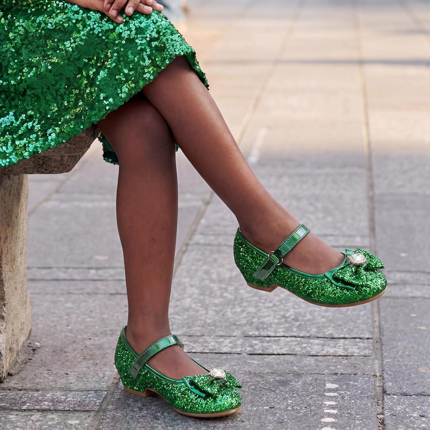 image:imageFurdeour Girls Dress Shoes Mary Jane Wedding Flower Bridesmaids Heels Glitter Princess Shoes for Kids ToddlerGreen