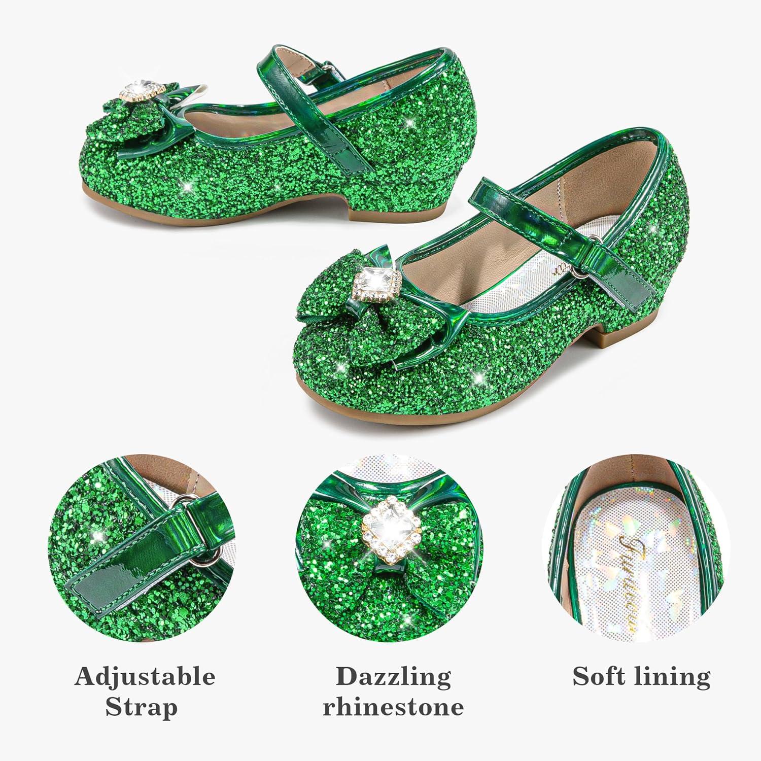 image:imageFurdeour Girls Dress Shoes Mary Jane Wedding Flower Bridesmaids Heels Glitter Princess Shoes for Kids ToddlerGreen