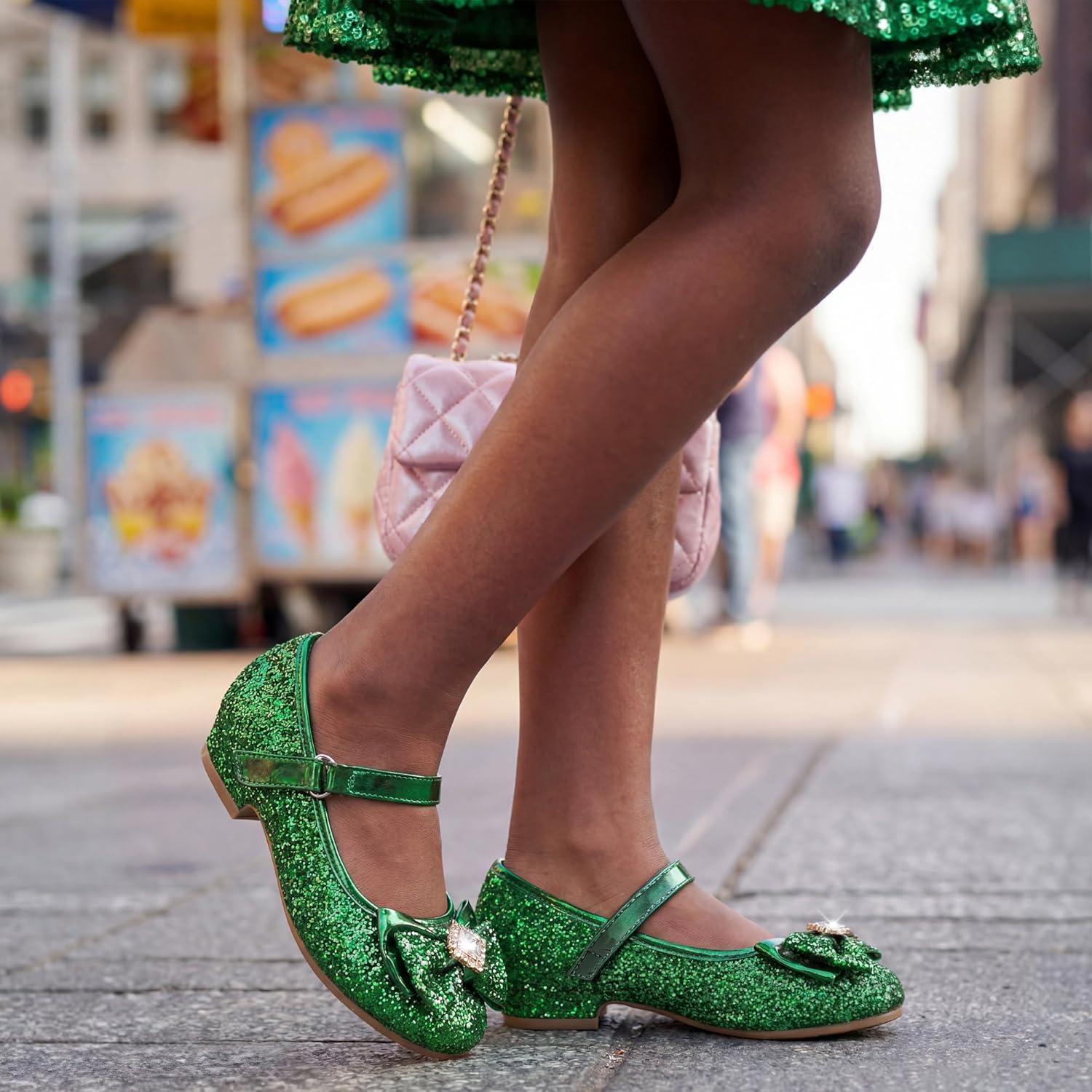 image:imageFurdeour Girls Dress Shoes Mary Jane Wedding Flower Bridesmaids Heels Glitter Princess Shoes for Kids ToddlerGreen