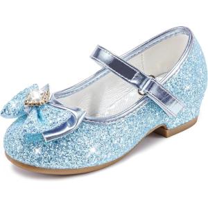 Furdeour Girls Dress Shoes Mary Jane Wedding Flower Bridesmaids Heels Glitter Princess Shoes for Kids Toddler(Blue Brilliant)