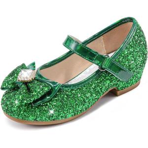 Furdeour Girls Dress Shoes Mary Jane Wedding Flower Bridesmaids Heels Glitter Princess Shoes for Kids Toddler(Green)