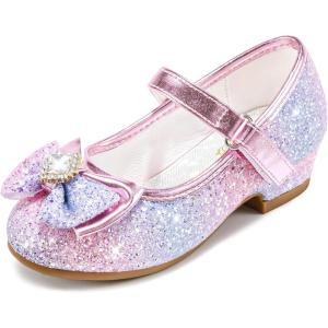 Furdeour Girls Dress Shoes Mary Jane Wedding Flower Bridesmaids Heels Glitter Princess Shoes for Kids Toddler(Lilac)