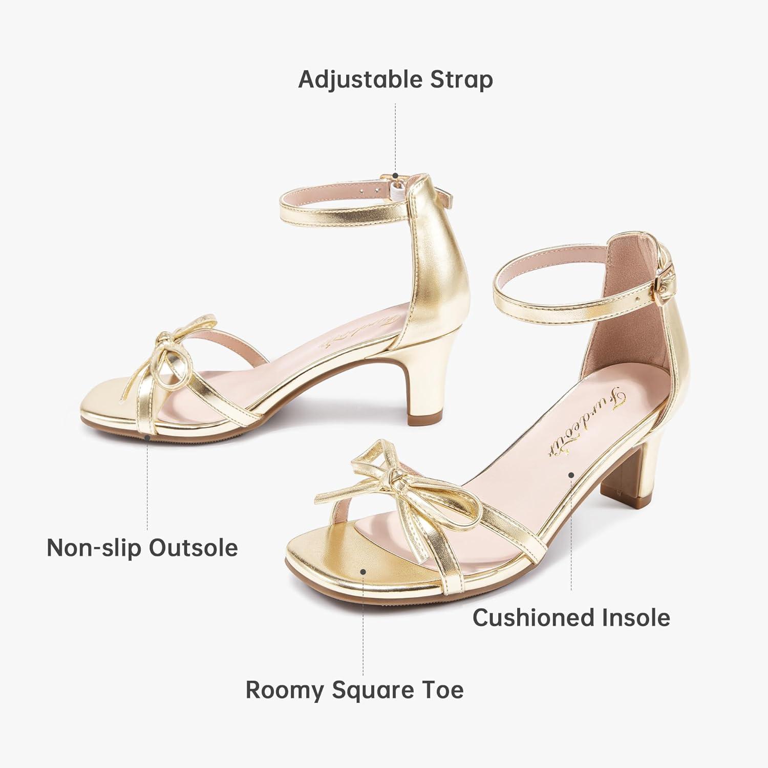 image:imageFurdeour Heels for Girls Dress Shoes Bow High Heel Sansals Flower Girl Shoes for Big Kids Teen Dance Birthday Party PageantGold