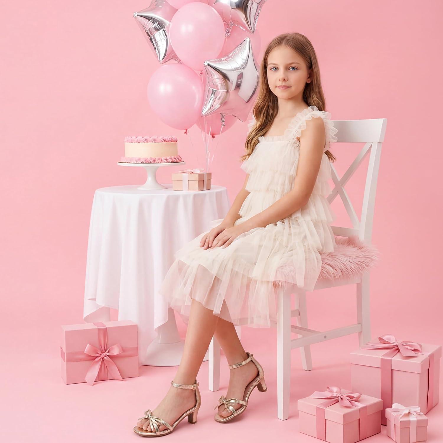 image:imageFurdeour Heels for Girls Dress Shoes Bow High Heel Sansals Flower Girl Shoes for Big Kids Teen Dance Birthday Party PageantGold