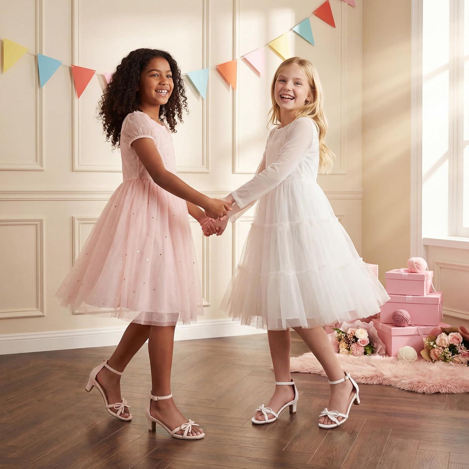 image:imageFurdeour Heels for Girls Dress Shoes Bow High Heel Sansals Flower Girl Shoes for Big Kids Teen Dance Birthday Party PageantNude