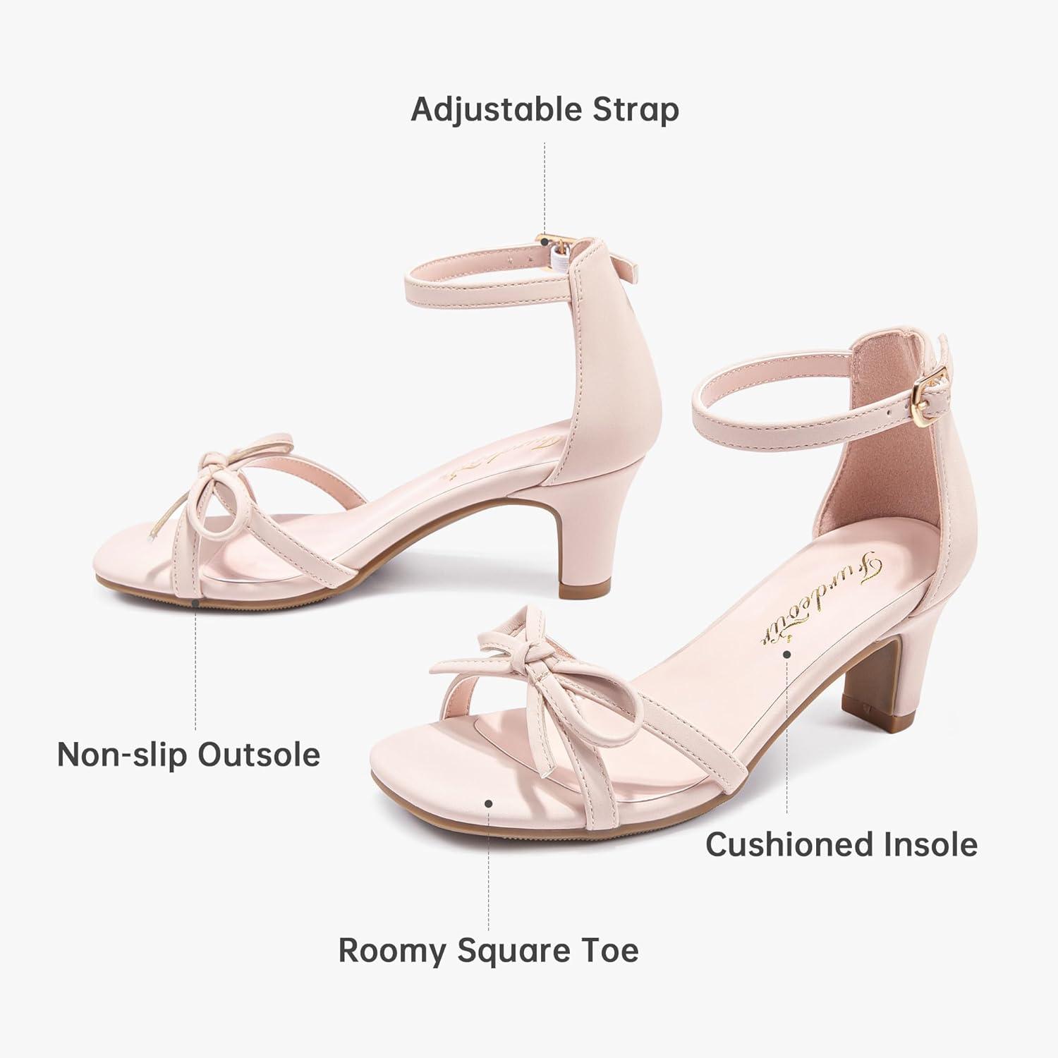 image:imageFurdeour Heels for Girls Dress Shoes Bow High Heel Sansals Flower Girl Shoes for Big Kids Teen Dance Birthday Party PageantNude