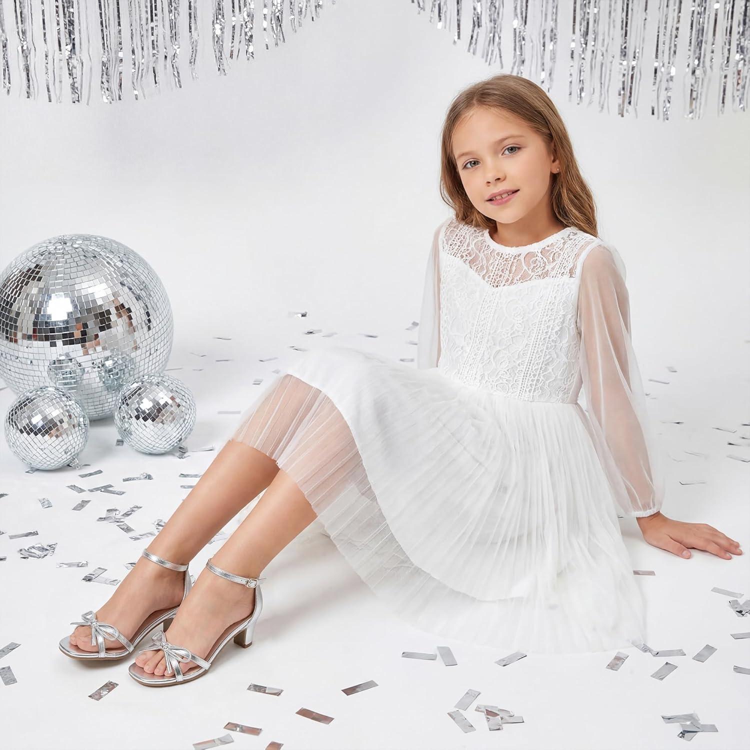 image:imageFurdeour Heels for Girls Dress Shoes Bow High Heel Sansals Flower Girl Shoes for Big Kids Teen Dance Birthday Party PageantSilver