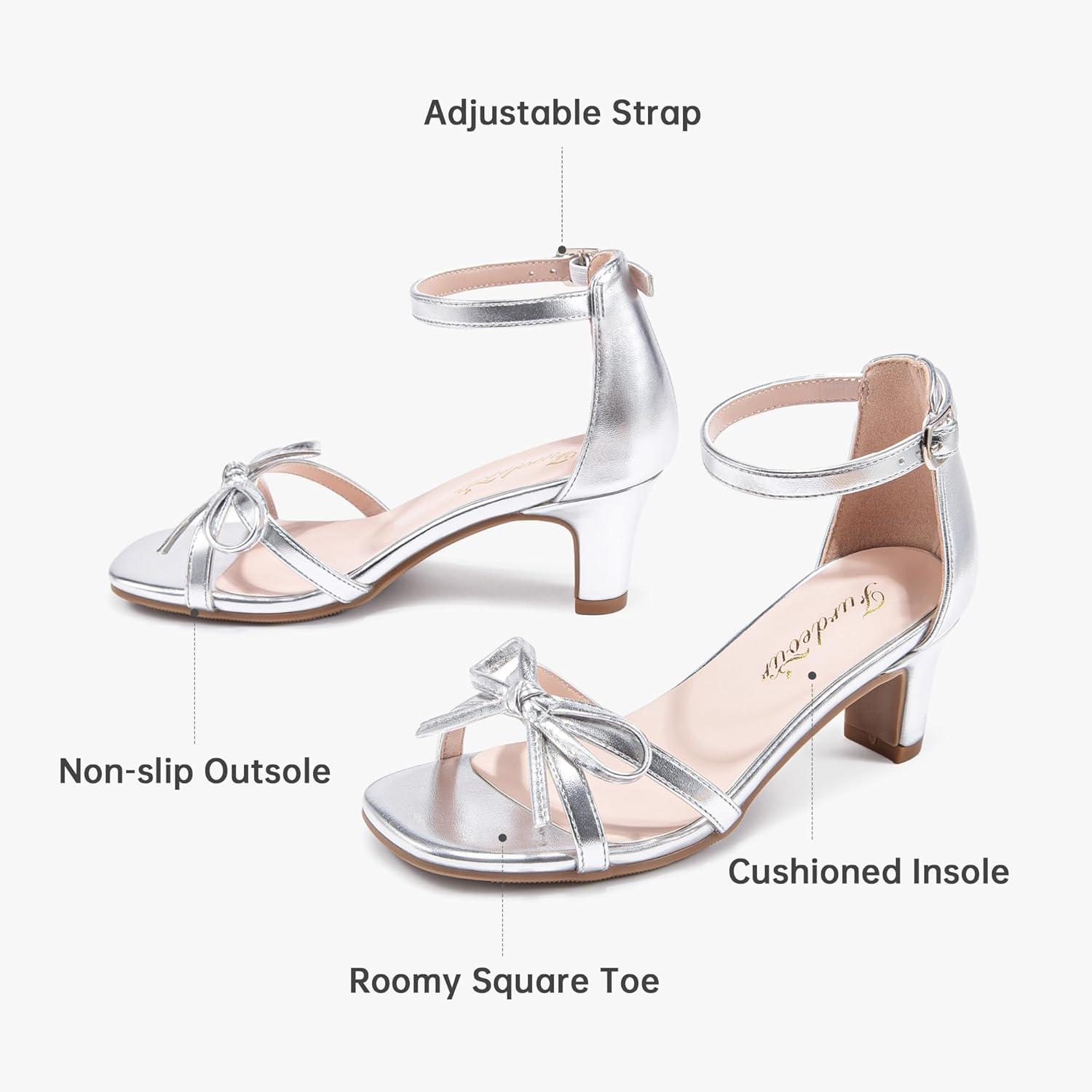 image:imageFurdeour Heels for Girls Dress Shoes Bow High Heel Sansals Flower Girl Shoes for Big Kids Teen Dance Birthday Party PageantSilver