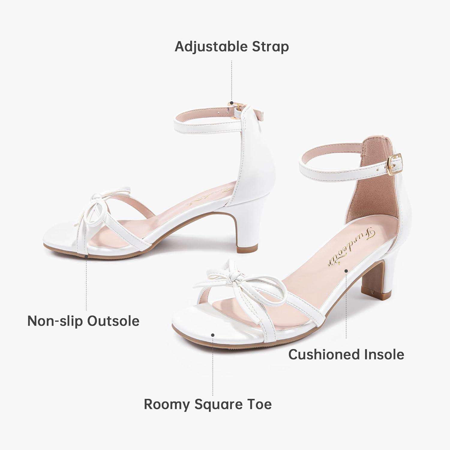 image:imageFurdeour Heels for Girls Dress Shoes Bow High Heel Sansals Flower Girl Shoes for Big Kids Teen Dance Birthday Party PageantWhite