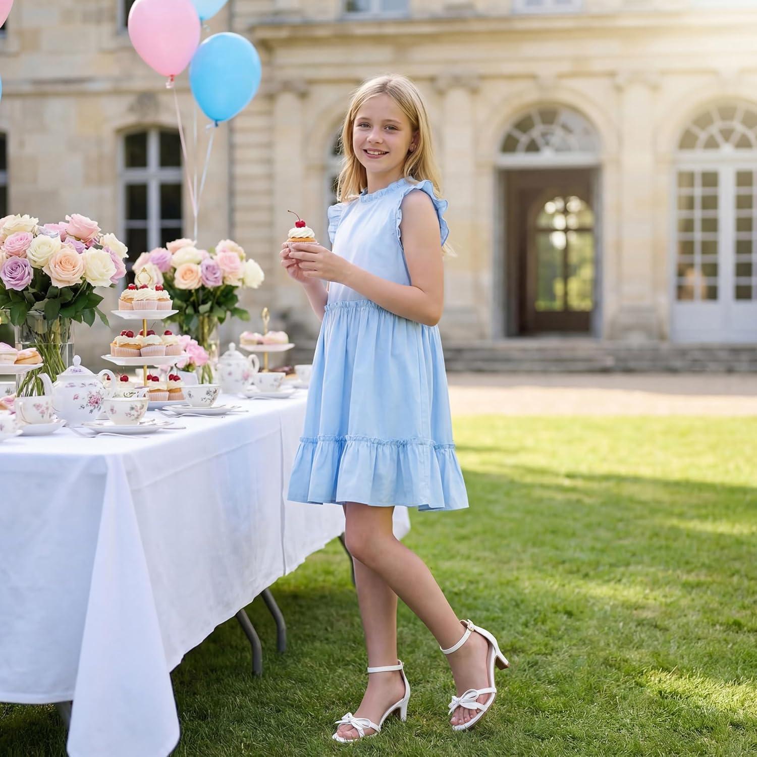 image:imageFurdeour Heels for Girls Dress Shoes Bow High Heel Sansals Flower Girl Shoes for Big Kids Teen Dance Birthday Party PageantWhite