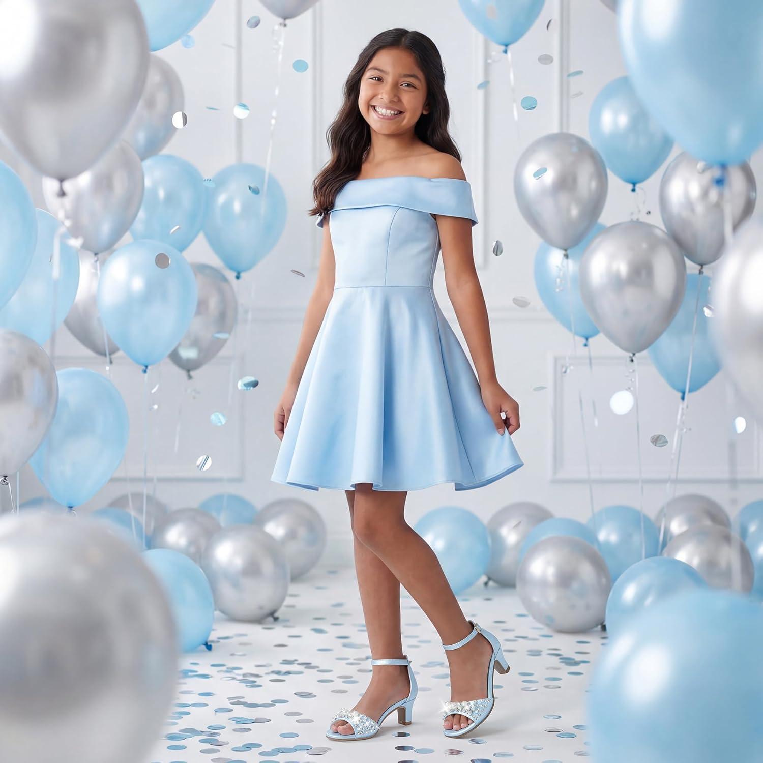 image:imageFurdeour Heels for Girls Dress Shoes Pearl Sandals Flower Girl Shoes Princess Teen Big Kids Wedding Dance Birthday Party PageantLight Blue