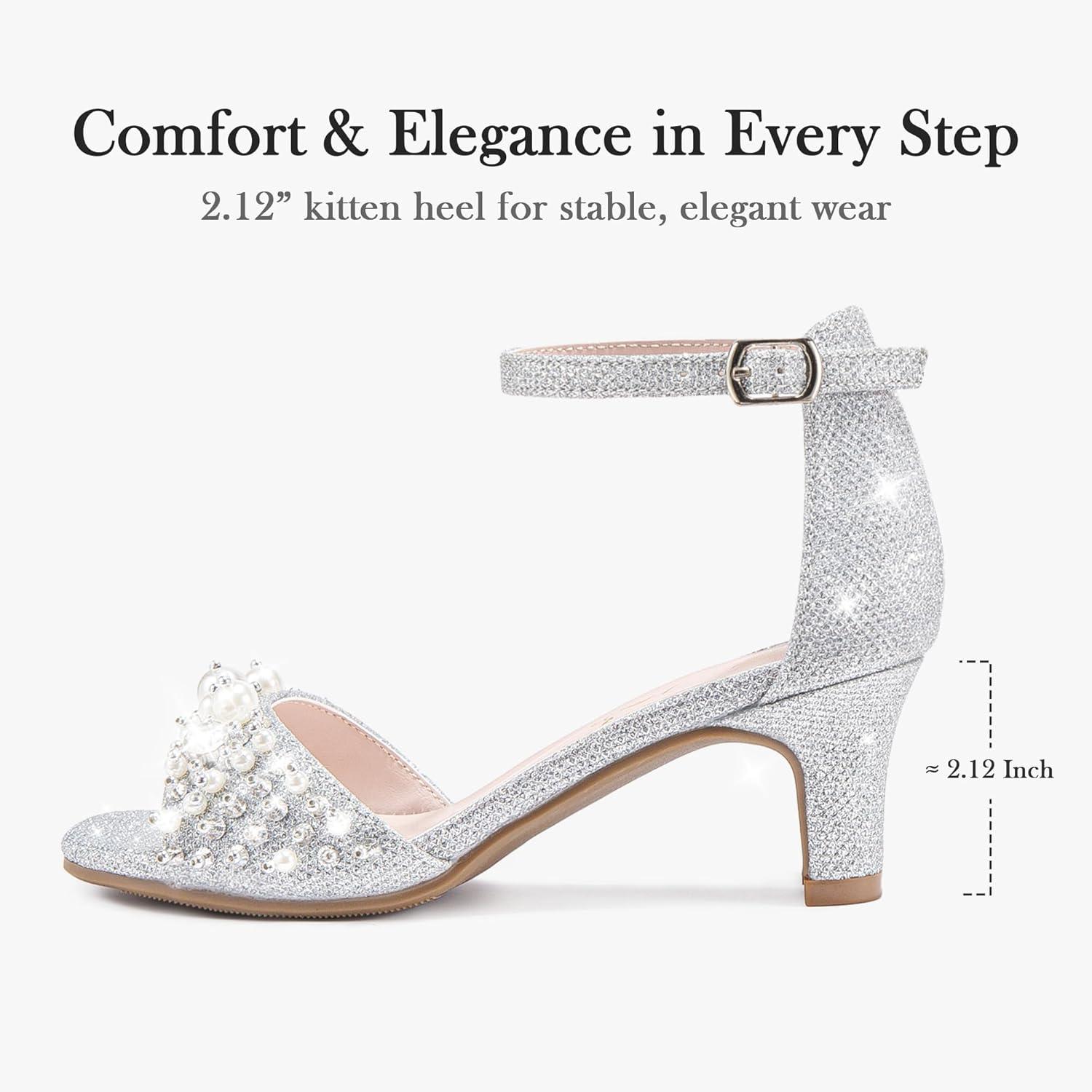 image:imageFurdeour Heels for Girls Dress Shoes Pearl Sandals Flower Girl Shoes Princess Teen Big Kids Wedding Dance Birthday Party PageantSilver