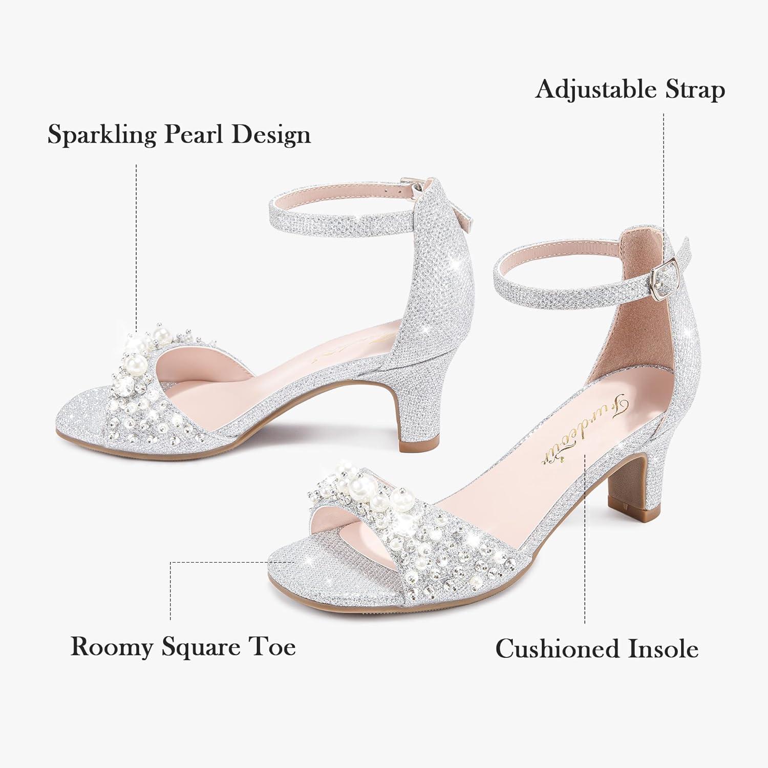 image:imageFurdeour Heels for Girls Dress Shoes Pearl Sandals Flower Girl Shoes Princess Teen Big Kids Wedding Dance Birthday Party PageantSilver