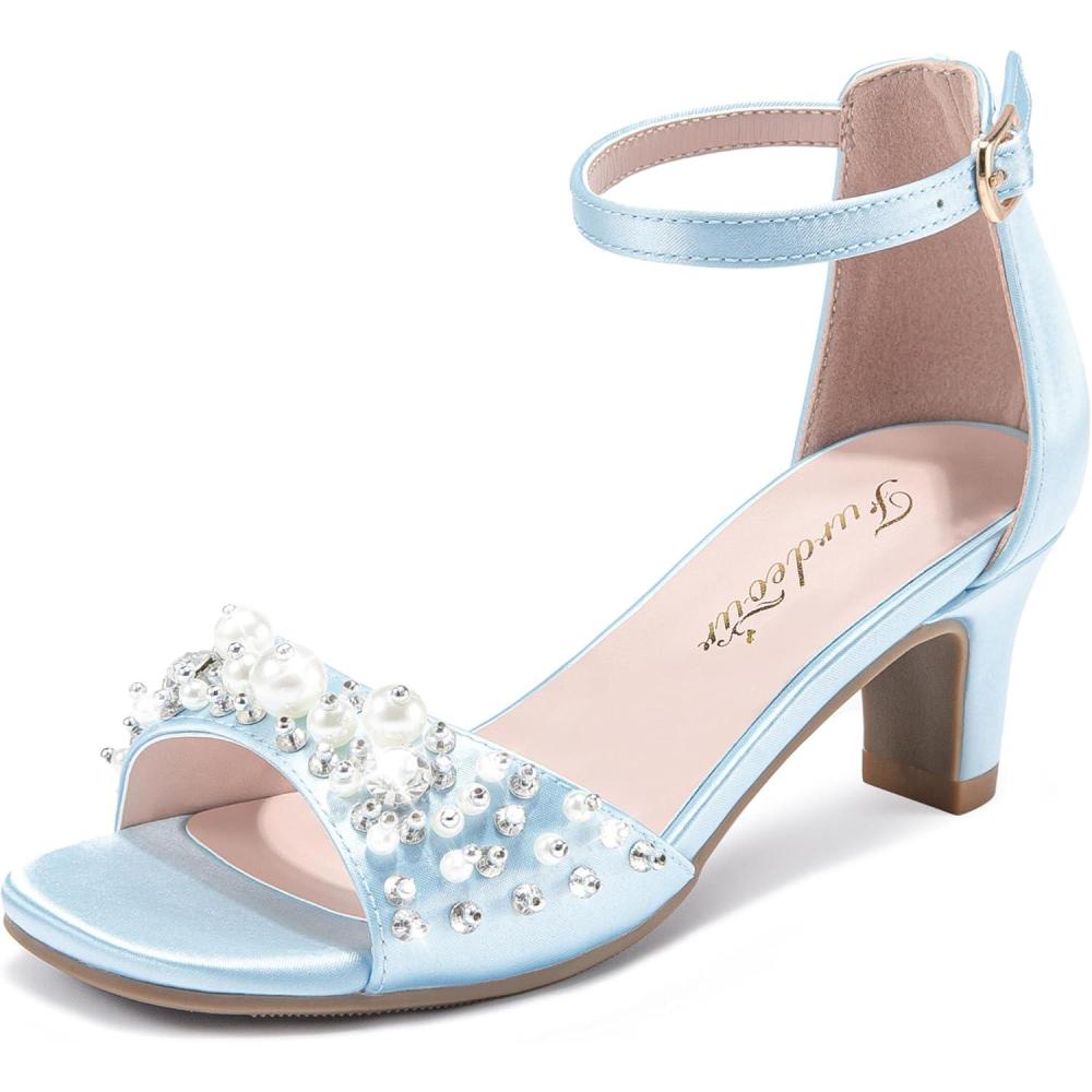 image:imageFurdeour Heels for Girls Dress Shoes Pearl Sandals Flower Girl Shoes Princess Teen Big Kids Wedding Dance Birthday Party PageantLight Blue