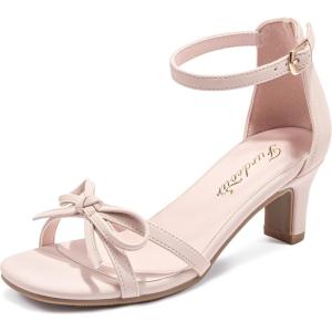 Furdeour Heels for Girls Dress Shoes Bow High Heel Sansals Flower Girl Shoes for Big Kids Teen Dance Birthday Party Pageant(Nude)