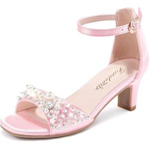 Furdeour Heels for Girls Dress Shoes Pearl Sandals Flower Girl Shoes Princess Teen Big Kids Wedding Dance Birthday Party Pageant(Pink)