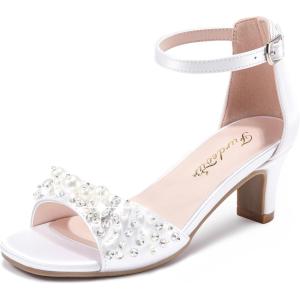 Furdeour Heels for Girls Dress Shoes Pearl Sandals Flower Girl Shoes Princess Teen Big Kids Wedding Dance Birthday Party Pageant(White)